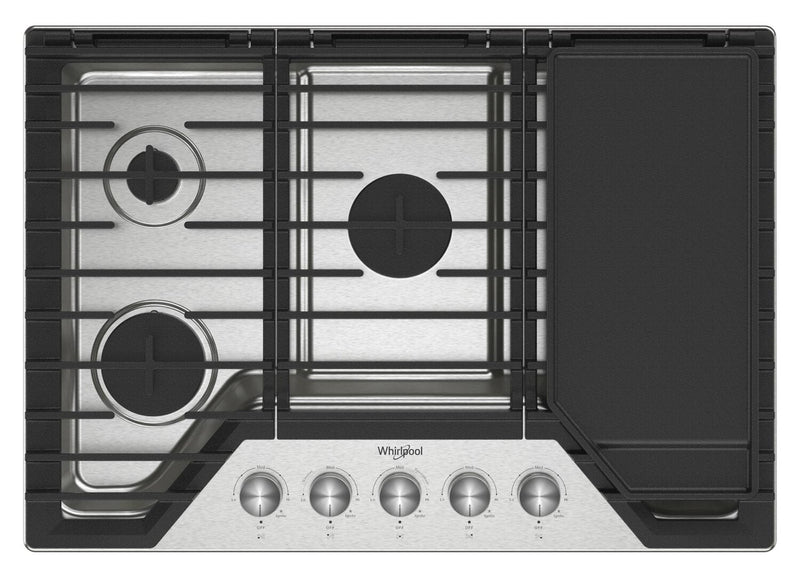 Whirlpool 30" Gas Cooktop with 2-in-1 Hinged Grate to Griddle - WCGK7530PS | Surface de cuisson à gaz Whirlpool de 30 po avec grille à charnières 2 en 1 qui se convertit en plaque chauffante - WCGK7530PS | WCGK750S