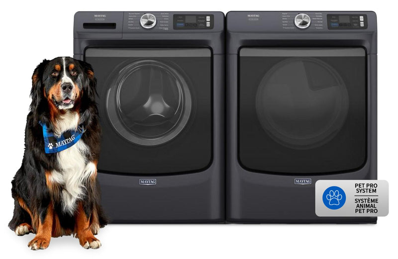 Maytag 5.8 Cu. Ft. Pet Pro Smart Front-Load Washer and 7.4 Cu. Ft. Gas Dryer - Midnight Steel | Laveuse intelligente à chargement frontal Pet Pro de 5,8 pi3 et sécheuse à gaz de 7,4 pi3 de Maytag – acier minuit | MAFL702G