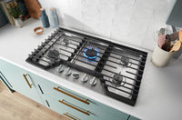 Whirlpool 36" Gas Cooktop with 2-in-1 Hinged Grate to Griddle - WCGK7536PS | Surface de cuisson à gaz Whirlpool de 36 po avec grille à charnières 2 en 1 qui se convertit en plaque chauffante - WCGK7536PS | WCGK756S