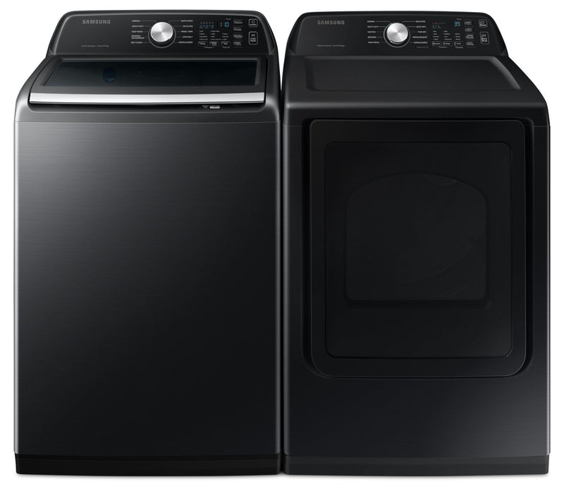 Samsung 5.3 Cu. Ft. Top-Load Washer and 7.4 Cu. Ft. Electric Dryer - Black Stainless | Laveuse à chargement par le haut de 5,3 pi³ et sécheuse électrique de 7,4 pi³ de Samsung - acier inoxydable noir | SATL350V