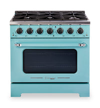 Classic Retro by Unique 36" 5.2 Cu. Ft. 6-Burner Gas Range with Convection - Ocean Mist Turquoise - UGP-36CR T | Cuisinière à gaz Classic Rétro par Unique de 36 po et de 5,2 pi3 à 6 brûleurs avec convection - turquoise brume marine - UGP-36CR T | UGP36CRT