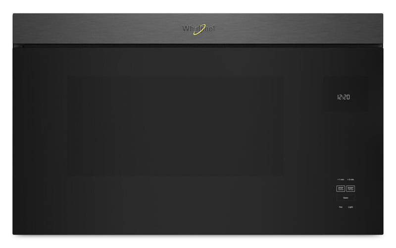 Whirlpool 1.1 Cu. Ft. Flush Over-the-Range Microwave with 900 Watts Cooking - Black Stainless - YWMM… | Four à micro-ondes à hotte intégrée Whirlpool de 1,1 pi³ à installation affleurée avec cuisson à 900…