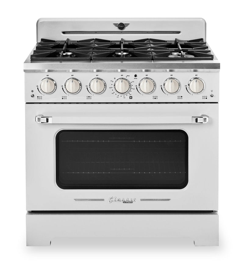 Classic Retro by Unique 36" 5.2 Cu. Ft. 6-Burner Gas Range with Convection - Marshmallow White - UGP-36CR W | Cuisinière à gaz Classic Rétro par Unique de 36 po et de 5,2 pi3 à 6 brûleurs avec convection - blanc guimauve - UGP-36CR W | UGP36CRW